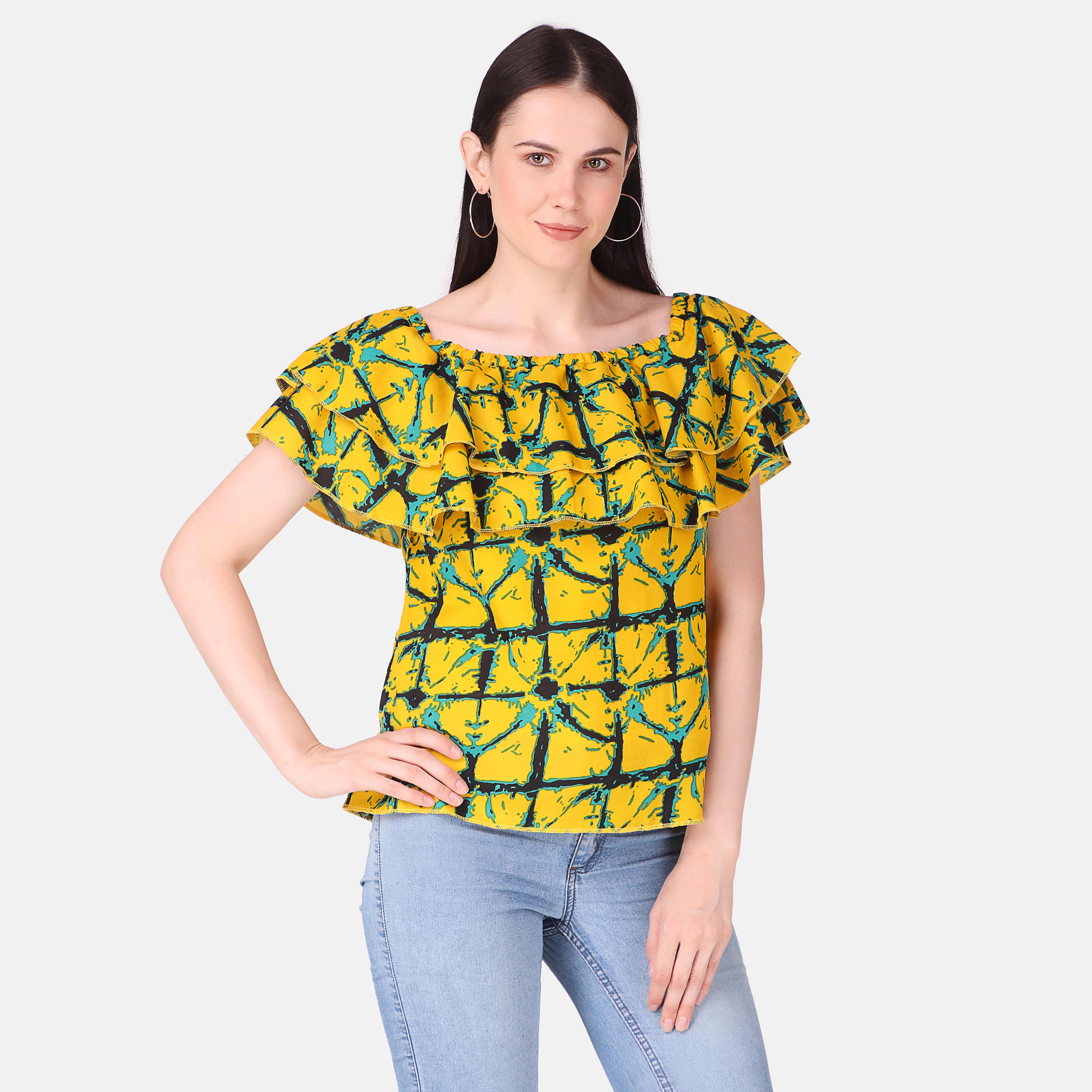Casual Off Shoulder Printed Yellow Women's Top